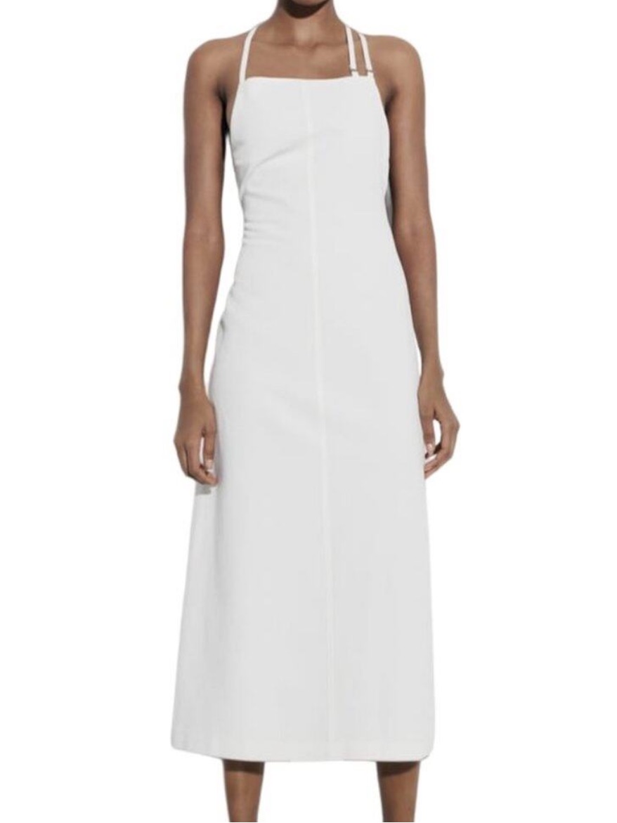 Zara White Midi Slip Dress With Double Straps